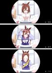  animal_ears bathroom bow bowtie brown_hair cabinet forehead hair_iron headband highres horse_ears messy_hair ponytail red_eyes sakura_bakushin_o_(umamusume) school_uniform sink sleepwear tile_floor tiles timestamp tktk135 toothbrush toothbrush_in_mouth umamusume 