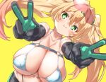  +_+ 1girl blonde_hair breasts double_v elbow_gloves gloves green_eyes highres huge_breasts kz_oji micro_bra navel oppai_loli original simple_background solo twintails v yellow_background 