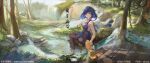  1girl bangs bare_arms bare_shoulders black_legwear blue_eyes blue_hair chinese_clothes dress forest genshin_impact hand_fan highres holding holding_fan kettle looking_at_viewer looking_back nature panties river short_hair sitting sleeveless sleeveless_dress smile solo teapot thighhighs underwear wboss yelan_(genshin_impact) 