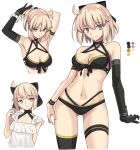  1girl absurdres ahoge bangs bare_shoulders bikini black_bikini black_bow black_gloves black_legwear blonde_hair bow breasts cleavage elbow_gloves fate/grand_order fate_(series) gloves hair_bow half_updo highleg highleg_bikini highres large_breasts looking_at_viewer multi-strapped_bikini multiple_views okita_j._souji_(fate) okita_souji_(fate) short_hair single_glove smile swimsuit thigh_strap thighhighs thighs wristband yellow_eyes yuchio 