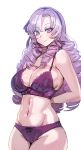  1girl arms_behind_back bangs bare_shoulders blush bow_(bhp) bra breasts cleavage collarbone drill_hair hyakumantenbara_salome large_breasts light_purple_eyes light_purple_hair long_hair looking_at_viewer nijisanji panties parted_bangs purple_bra purple_panties simple_background smile solo thighs underwear virtual_youtuber white_background 