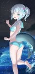  1girl :d ass bangs barefoot beach bikini blue_bikini blue_hair blunt_bangs dolphenry fish_tail flat_chest gawr_gura hair_ornament hands_up highres hololive hololive_english looking_at_viewer looking_back multicolored_hair night night_sky open_mouth shark_girl shark_tail sharp_teeth short_hair side_ponytail sky smile solo standing standing_on_one_leg star_(sky) starry_sky streaked_hair striped striped_bikini swimsuit tail teeth virtual_youtuber water white_hair 