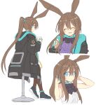  1girl :d ^_^ amiya_(arknights) animal_ears anklet arknights arms_up bangs bare_shoulders black_coat black_footwear blue_eyes blush brown_hair brown_legwear closed_eyes closed_mouth coat coffee_mug cropped_torso cup eyebrows_visible_through_hair facing_viewer from_behind hands_in_hair holding holding_cup hood hood_down hooded_coat jewelry long_hair long_sleeves looking_at_another looking_at_viewer mug multiple_rings multiple_views pantyhose ponytail rabbit_ears ring satou_kibi shirt shoes sidelocks simple_background sitting sleeveless sleeveless_shirt smile stool very_long_hair white_background white_shirt 