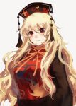  1girl black_dress blonde_hair blush breasts chinese_clothes dress frown grey_background hat headdress highres junko_(touhou) large_breasts long_hair long_sleeves looking_at_viewer mushiao red_eyes simple_background solo tabard tail touhou very_long_hair white_background wide_sleeves 