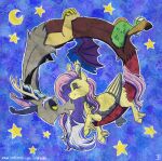  blush chimera crescent_moon discord_(mlp) draconequus equid equine eyes_closed fangs female fluttershy_(mlp) friendship_is_magic hair hasbro hi_res inuhoshi-to-darkpen male mammal moon my_little_pony nose_kiss pegasus pink_hair star wings yellow_sclera 