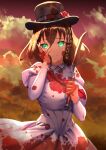  1girl absurdres blood blood_on_face blood_on_knife breasts brown_hair charlotte_corday_(fate) charlotte_corday_(third_ascension)_(fate) curecycadura fate/grand_order fate_(series) green_eyes hat highres holding holding_knife knife large_breasts looking_at_viewer smile solo standing 