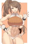  1girl :d abs bandaid bandaid_on_cheek bandaid_on_face bandaid_on_shoulder bangs bare_shoulders border bracelet breasts brown_eyes brown_hair cowboy_shot dungeon_and_fighter fighter_(dungeon_and_fighter) fingerless_gloves framed_breasts gloves hand_on_hip hand_up high_ponytail highres jewelry kook large_breasts long_hair looking_at_viewer midriff multiple_scars navel open_mouth ponytail scar scar_on_arm scar_on_chest scar_on_hip sidelocks smile solo striker_(dungeon_and_fighter) swept_bangs thighs toned waving white_border white_gloves 