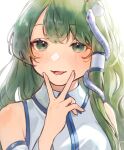  1girl absurdres bangs bare_shoulders blush breasts collared_shirt commentary_request detached_sleeves eyebrows_visible_through_hair fingernails frog_hair_ornament green_eyes green_hair grey_shirt hair_between_eyes hair_ornament hair_tubes hand_on_own_face hand_up highres kochiya_sanae light long_fingernails long_hair long_sleeves looking_at_viewer medium_breasts nail_polish open_mouth pink_nails shirt simple_background smile snake_hair_ornament solo teruteru_(teru_teru) tongue touhou upper_body v white_background wide_sleeves 