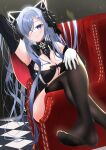  1girl absurdly_long_hair absurdres august_von_parseval_(azur_lane) azur_lane between_breasts black_horns black_legwear blue_eyes blue_hair breasts checkered_floor crossed_legs curled_horns foot_out_of_frame gloves hair_over_one_eye highres horns large_breasts long_hair mechanical_horns sitting solo strap_between_breasts thighhighs tsuri_pi very_long_hair white_gloves 