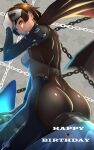  1girl ass bodysuit braid breasts brown_hair capelet chain commentary_request crown_braid gentle_sasaki gloves grey_mask ground_vehicle happy_birthday highres joanna_(persona_5) looking_at_viewer looking_back mask medium_breasts motor_vehicle motorcycle niijima_makoto on_motorcycle parted_lips persona persona_5 red_eyes riding shiny shiny_clothes shiny_hair short_hair signature skin_tight solo spikes steel_mask white_gloves 