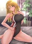  1girl bare_arms bare_shoulders black_swimsuit blonde_hair blurry blurry_background blush breasts closed_mouth covered_navel hair_between_eyes highleg highleg_swimsuit idolmaster idolmaster_shiny_colors indoors izumi_mei large_breasts long_hair looking_at_viewer one-piece_swimsuit plant shohei_(piranha5hk) smile solo swimsuit thighs 