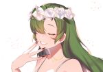  1girl bare_shoulders blurry closed_eyes depth_of_field face flower green_hair grin hair_over_one_eye head_wreath highres jewelry kazami_yuuka lips long_hair majime_joe nail_polish necklace red_nails rose simple_background smile solo touhou upper_body white_background white_flower white_rose 