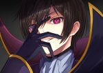  1boy absurdres bangs black_gloves code_geass gloves gradient gradient_background grin hand_up highres lelouch_lamperouge long_sleeves looking_at_viewer male_focus portrait red_eyes relight shiny shiny_hair short_hair smile solo teeth 