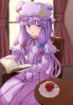  1girl bangs blue_bow blunt_bangs blurry blurry_background book bow capelet chair crescent cup curtains depth_of_field dress erisauria eyebrows_visible_through_hair hair_bow hair_ornament hat highres holding indoors long_hair long_sleeves looking_at_viewer mob_cap open_mouth patchouli_knowledge purple_dress purple_eyes purple_hair purple_headwear red_bow ribbon sitting solo striped tea teacup touhou very_long_hair window 