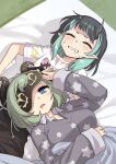  2girls alternate_costume bangs black_hair blue_eyes blue_hair blush breasts brown_horns closed_eyes collared_shirt commentary_request demon_girl demon_horns green_hair grey_horns grey_shirt head_on_another&#039;s_stomach heebee highres honey_strap horns large_breasts long_sleeves looking_at_viewer multicolored_hair multiple_girls open_mouth pajamas pointy_ears sekishiro_mico shirt shishio_chris sleep_mask small_breasts star_(symbol) star_print sugar_lyric two-tone_hair upper_body virtual_youtuber white_shirt 