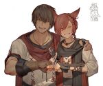 2boys ^_^ ^o^ adventurer_(ff14) animal_ears arm_around_shoulder bangs belt_buckle black_scarf braid braided_ponytail brown_gloves brown_hair brown_shirt buckle cape cat_ears closed_eyes collarbone facial_hair facial_mark facing_viewer ffxivys final_fantasy final_fantasy_xiv fingerless_gloves fist_bump g&#039;raha_tia gloves grin hair_ornament hand_on_another&#039;s_shoulder hyur inset jewelry male_focus miqo&#039;te multiple_boys neck_tattoo open_mouth pendant red_cape red_hair scarf shirt short_hair short_ponytail simple_background single_braid smile stubble swept_bangs tattoo upper_body white_background x_hair_ornament 
