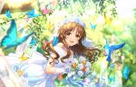  1girl :d bird blurry blurry_background blush bokeh bouquet bridal_gauntlets bride bug butterfly depth_of_field dress earrings floating_hair flower gloves hair_flower hair_ornament holding holding_bouquet idolmaster idolmaster_cinderella_girls idolmaster_cinderella_girls_starlight_stage jewelry light_rays looking_at_viewer necklace off-shoulder_dress off_shoulder official_art outdoors pearl_necklace rose smile solo sunlight takamori_aiko wavy_hair white_dress white_gloves 