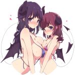  2girls asymmetrical_docking bikini bikini_top_only black_horns blush breast_press breasts curled_horns demon_girl demon_horns demon_wings drill_hair eyebrows_visible_through_hair heart highres horns large_breasts long_hair looking_at_viewer machikado_mazoku mel_(melty_pot) mother_and_daughter multiple_girls purple_eyes purple_hair short_hair simple_background small_breasts sweat swimsuit upper_body white_background wings yoshida_ryouko yoshida_seiko 