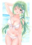  1girl arm_behind_head arm_up bangs bare_arms bare_shoulders bikini blush breasts cleavage collarbone cowboy_shot day eyebrows_visible_through_hair frog_hair_ornament front-tie_bikini front-tie_top green_eyes green_hair hair_ornament hair_tubes halterneck hand_up highres horizon kochiya_sanae large_breasts light_smile long_hair looking_at_viewer navel one_eye_closed outdoors page_number parted_lips snake_hair_ornament solo standing stomach swimsuit thigh_gap thighs touhou water wet white_bikini y_na1211 