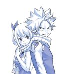  1boy 1girl arm_tattoo blue_theme breasts couple fairy_tail fairy_tail_logo highres large_breasts long_hair looking_at_viewer lucy_heartfilia mashima_hiro monochrome natsu_dragneel official_art scarf short_hair side_ponytail sideboob simple_background smile spiked_hair tattoo upper_body white_background 