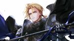  1boy armor bangs black_cape blonde_hair blue_eyes breastplate cape closed_mouth danhu dimitri_alexandre_blaiddyd fire_emblem fire_emblem:_three_houses fire_emblem_warriors:_three_hopes fur_collar gauntlets holding holding_polearm holding_weapon looking_at_viewer male_focus pauldrons polearm short_hair short_ponytail shoulder_armor simple_background solo upper_body weapon white_background 
