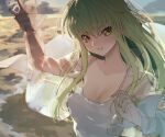  1girl bangs beach breasts c.c. camisole cleavage cloud code_geass creayus eyebrows_visible_through_hair green_eyes long_hair long_sleeves medium_breasts outdoors parted_lips see-through see-through_shirt sky smile solo upper_body white_camisole wind wind_lift yellow_eyes 