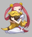  1girl ;d abra affectionate asagi1111 blush commentary_request grey_background hair_bobbles hair_ornament hair_rings highres holding holding_pokemon hug long_hair mira_(pokemon) one_eye_closed open_mouth pantyhose pink_eyes pink_hair pokemon pokemon_(creature) pokemon_(game) pokemon_dppt red_footwear red_shorts shirt shoes short_sleeves shorts simple_background sitting smile tongue white_legwear white_shirt 