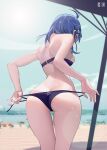  1girl absurdres ahoge ass back beach beach_umbrella bikini bikini_pull bili_girl_22 bilibili_douga blue_bikini blue_hair blurry blurry_background breasts butt_crack clothes_pull cowboy_shot from_behind galeno2012 highres looking_at_viewer looking_back medium_breasts medium_hair number_print outdoors red_eyes skindentation sky solo sunlight swimsuit thighs tv_hair_ornament umbrella wet wet_hair 