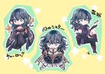  1girl armor armored_dress blue_eyes blue_hair blue_legwear boots breasts byleth_(fire_emblem) byleth_(fire_emblem)_(female) c26sn cleavage cleavage_cutout clothing_cutout commentary fingerless_gloves fire_emblem fire_emblem:_three_houses fireball fur_trim gloves key single_thighhigh thighhighs translated wide_sleeves 