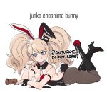  1girl alternate_costume artist_name bangs bear_hair_ornament black_footwear black_legwear black_leotard blonde_hair blue_eyes boots bow breasts character_name cleavage danganronpa:_trigger_happy_havoc danganronpa_(series) detached_collar enoshima_junko eyebrows_visible_through_hair from_side grey_necktie hair_ornament hammer highres holding holding_hammer khee knee_boots large_breasts legs_up leotard long_hair necktie pantyhose parted_lips playboy_bunny red_bow smile solo teeth twintails wrist_cuffs 