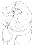  2013 anthro asian_clothing belly big_belly bodily_fluids clothing east_asian_clothing humanoid_hands japanese_clothing kemono magumataishi male mammal mawashi one_eye_closed overweight overweight_male scar simple_background sketch solo suid suina sus_(pig) sweat wild_boar 
