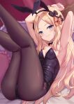  1girl abigail_williams_(fate) animal_ears armpits arms_up ass bangs black_bow black_leotard blonde_hair blue_eyes blush bow breasts brown_legwear detached_collar duplicate fake_animal_ears fate/grand_order fate_(series) forehead hair_bow highleg highleg_leotard highres legs_up leotard long_hair looking_at_viewer multiple_bows orange_bow pantyhose parted_bangs pixel-perfect_duplicate playboy_bunny polka_dot polka_dot_bow rabbit_ears shimokirin small_breasts smile solo thighs wrist_cuffs 