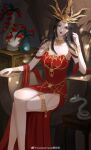  1girl absurdres black_hair cai_lin_(doupo_cangqiong) doupo_cangqiong dress earrings flower hair_ornament hand_in_own_hair highres jewelry long_hair red_dress sitting smile solo thighlet throne vase vuelasemana_lin_dian_nie 