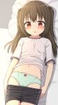  1girl :o bangs black_hair black_shorts blush bow bow_panties breasts brown_eyes commentary_request eyebrows_visible_through_hair gym_shirt gym_shorts gym_uniform highres hippo_(hirople) long_hair looking_at_viewer lying navel on_back original panties parted_lips pillow pulled_by_self shirt short_shorts short_sleeves shorts small_breasts solo striped striped_panties two_side_up underwear white_shirt 