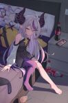  1girl absurdres ahoge ascot bangs bare_legs bare_shoulders barefoot black_dress cellphone character_pillow coca-cola dakimakura_(object) demon_horns drawer dress full_body grey_hair highres hololive horns indoors la+_darknesss long_hair long_sleeves looking_at_viewer multicolored_hair no_shoes on_bed parted_lips phone pillow pointy_ears purple_hair purple_legwear quarterlift sakamata_chloe single_leg_pantyhose sitting sitting_on_bed smartphone soda_bottle solo streaked_hair tokoyami_towa very_long_hair virtual_youtuber yellow_ascot yellow_eyes 