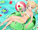  1girl alternate_costume bare_shoulders bikini bikini_shorts blonde_hair blue_eyes breasts collarbone commission cup drinking_glass fire_emblem fire_emblem_awakening flower frog haru_(nakajou-28) hibiscus holding holding_cup innertube lissa_(fire_emblem) looking_at_viewer medium_hair mismatched_bikini navel short_twintails shorts small_breasts smile solo swimsuit twintails water yellow_bikini yellow_swimsuit 