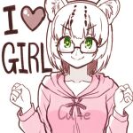 +_+ 1girl alternate_costume animal_ears blush casual cat_ears cat_girl clenched_hands collarbone english_text glasses green_eyes heart hood hood_down hoodie kemono_friends long_sleeves lowres margay_(kemono_friends) pink_hoodie short_hair solo totokichi 
