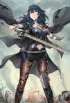  1girl absurdres armlet armor bangs black_armor blue_eyes blue_hair boots breasts brown_legwear bustier byleth_(fire_emblem) byleth_(fire_emblem)_(female) capelet cloak clothing_cutout dagger fire_emblem fire_emblem:_three_houses floral_print hair_between_eyes high_heel_boots high_heels highres knee_pads knife legwear_under_shorts medium_hair navel_cutout pantyhose patterned_legwear print_legwear short_sleeves shorts shoulder_armor single_knee_pad sword_of_the_creator tassel turtleneck user_ayna4357 vambraces waist_cape weapon 