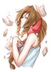  1girl aerith_gainsborough bangs bare_arms bow braid braided_ponytail breasts brown_hair crisis_core_final_fantasy_vii crying curly_hair dress final_fantasy final_fantasy_vii green_eyes hair_bow highres igusaharu letter long_hair official_alternate_costume paper parted_bangs sidelocks small_breasts solo tears upper_body white_background white_dress 