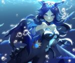  1girl bangs bare_shoulders blue_eyes blue_hair bonanus_(genshin_impact) breasts claws fish genshin_impact highres horns long_hair looking_at_viewer small_breasts smile solo sunnyhelianthus twitter_username underwater vision_(genshin_impact) 