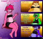  2017 anthro apricot_(viroveteruscy) avian belly big_breasts bird blush bottomwear breasts canid canine canis clothing comic cuculiform english_text female group hand_on_stomach kiwi_(viroveteruscy) mammal midriff navel new_world_ground_cuckoo open_mouth plum_(viroveteruscy) raspberry_(viroveteruscy) red_eyes roadrunner rodent sciurid sitting sound_effects stuffing text topwear ursid viroveteruscy warning_cream_filled wolf 