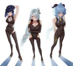  3girls absurdres ahoge aqua_hair arms_behind_back arms_behind_head asymmetrical_hair bangs bare_arms bead_choker bell black_legwear blue_eyes blue_hair blush bodystocking bodysuit braid breast_hold breasts chinese_knot cleavage closed_mouth clothing_cutout collarbone covered_navel diagonal_bangs eyebrows_visible_through_hair eyeliner fingerless_gloves full_body ganyu_(genshin_impact) genshin_impact gloves groin hair_ornament hair_over_one_eye high_heels highres hip_vent holding_own_arm horns large_breasts long_hair looking_at_viewer looking_away makeup medium_breasts multiple_girls nail_polish neck_bell no_gloves purple_eyes purple_hair re-leaf shadow shenhe_(genshin_impact) short_hair shoulder_cutout sidelocks simple_background single_braid sleeveless standing tassel thighhighs thighlet thighs white_background yelan_(genshin_impact) 