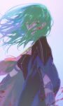  1girl absurdres arm_at_side armor bangs black_coat blood blood_on_clothes blood_on_face breasts byleth_(fire_emblem) byleth_(fire_emblem)_(female) coat covered_mouth enlightened_byleth_(female) fire_emblem fire_emblem:_three_houses floating_hair from_side green_eyes green_hair grey_background hair_over_mouth hair_over_one_eye highres kkia long_hair looking_at_viewer looking_to_the_side outstretched_arm sad solo tassel upper_body wind 