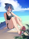  1girl arm_support azuumori beach bikini black_bikini blue_hair breasts closed_mouth english_commentary fish_tail full_body hair_between_eyes highres looking_at_viewer original outdoors red_eyes sandals shark_girl shark_girl_(azuumori) shark_tail short_hair smile solo swimsuit tail 