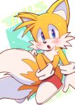  1boy :o blue_eyes fox_boy furry furry_male gloves highres looking_at_viewer male_focus misuta710 multiple_tails solo sonic_(series) tail tails_(sonic) two_tails white_gloves 