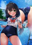  1girl ass bangs black_hair blue_swimsuit blurry blurry_background blush bow breasts commentary_request eyebrows_visible_through_hair green_eyes highres holding hose kuro_yanagi ladder long_hair multiple_views old_school_swimsuit one_eye_closed original pool red_bow sailor_collar sailor_shirt school_swimsuit see-through see-through_shirt shirt small_breasts smile swimsuit translation_request twintails water wet wet_clothes 