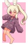  1girl ;d animal_ear_fluff animal_ears bangs barefoot blonde_hair collar commentary_request eyebrows_visible_through_hair fang full_body heart heart-shaped_pupils highres hood hood_down hooded_jacket jacket knees_together_feet_apart long_sleeves looking_at_viewer masurao_(sekaiju) masurao_2_(sekaiju) naga_u one_eye_closed pink_background ponytail puffy_long_sleeves puffy_sleeves purple_jacket rabbit_ears red_collar red_eyes sekaiju_no_meikyuu sekaiju_no_meikyuu_5 short_eyebrows sleeves_past_fingers sleeves_past_wrists smile solo symbol-shaped_pupils thick_eyebrows two-tone_background white_background 