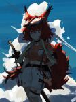  1girl ahoge animal_ears arknights arm_behind_back arm_strap black_choker blue_background choker crop_top feet_out_of_frame flametail_(arknights) flametail_(sport_for_all)_(arknights) gloves hair_between_eyes head-mounted_display highres looking_at_viewer mechanical_owl navel official_alternate_costume orange_shirt red_eyes red_hair scabbard sheath shirt short_hair shorts smile solo squirrel_ears squirrel_girl squirrel_tail suspender_shorts suspenders sword tail thigh_strap visor_lift weapon white_gloves white_shorts 