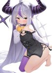  1girl absurdres ahoge avant_garde_(artist) bare_shoulders barefoot black_dress blush braid breasts brown_eyes cleavage demon_girl demon_horns detached_sleeves dress feet grey_hair hand_to_own_mouth highres hololive horns kneeling la+_darknesss long_hair multicolored_hair pointy_ears purple_legwear short_dress single_thighhigh small_breasts solo streaked_hair thighhighs thighs toes very_long_hair virtual_youtuber white_sleeves 