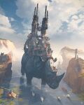  animal animal_focus bird castle chimney cliff cloud cloudy_sky day fleur_de_lis gregory_fromenteau harness highres no_humans original outdoors oversized_animal rhinoceros sailing_ship scenery ship sky tower towing tree watercraft 